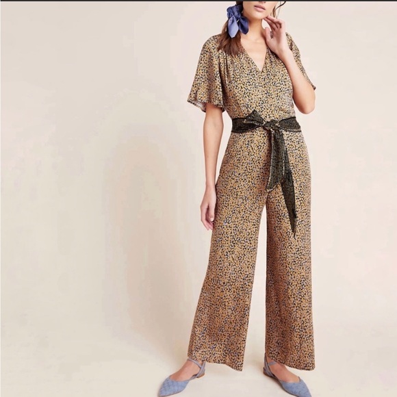 Anthropologie Pants - Anthropologie Greylin Galena gold gray black print belt wide leg jumpsuit jumper